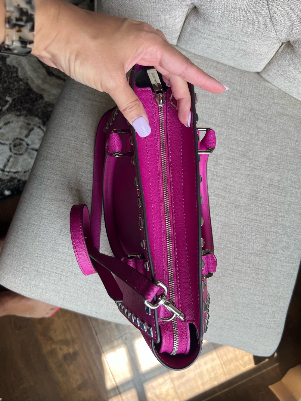 Michael Kors Hot Pink Studded Saffiano Satchel - Picture 6 of 8